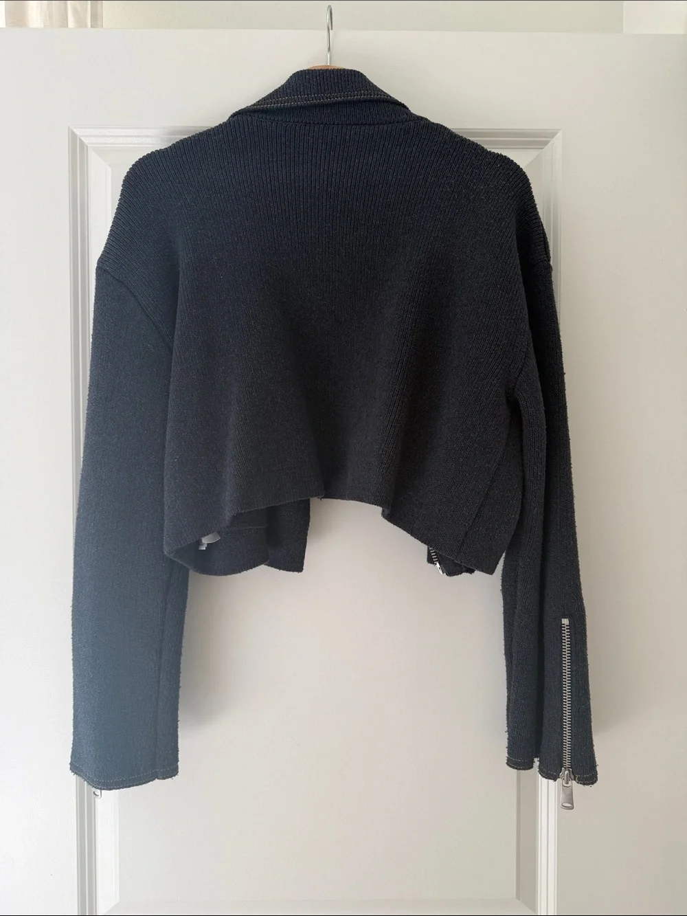 Zara Black Cropped Knit Moto Jacket with Silver Hardware